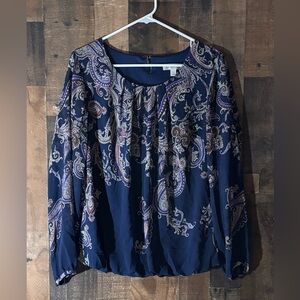 Women’s Sz Large Dressbarn Navy Paisley Peasant Blouse